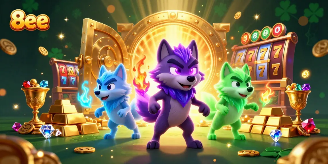 8eee showcases an exciting casino atmosphere with vibrant 3D wolves amid gold treasures and slot machines.