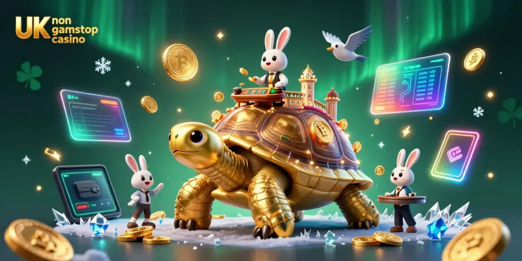 Experience the excitement of UK non gamstop casino with a vibrant 3D scene including a golden tortoise and rabbit dealer.
