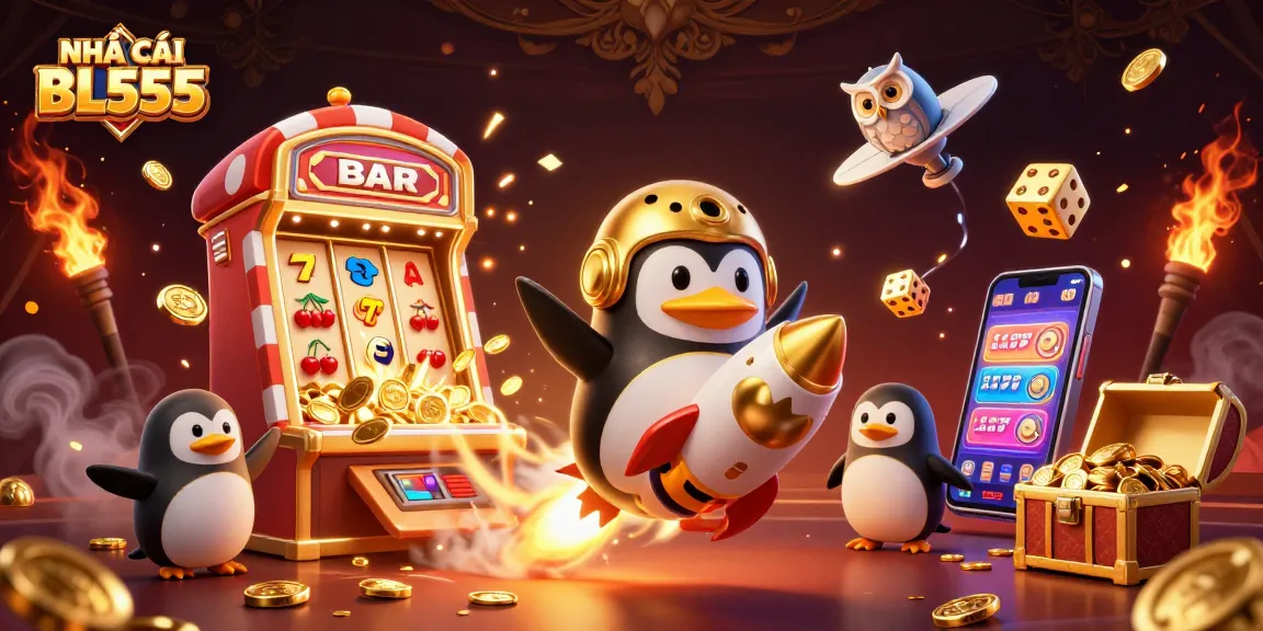 Action-packed scene showcasing NHÀ CÁI BL555 with a golden penguin and slot machines amidst a dazzling backdrop.