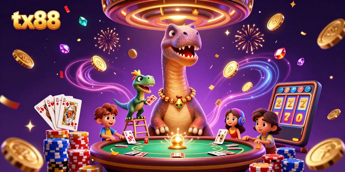 Experience tx88's thrilling 3D casino adventure with giant dinosaur dealers and dynamic gaming elements.