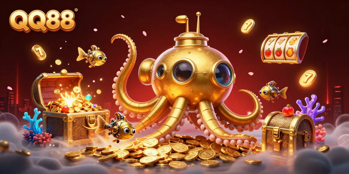 Experience QQ88's thrilling online slots with a vibrant 3D submarine adventure amidst golden treasures.
