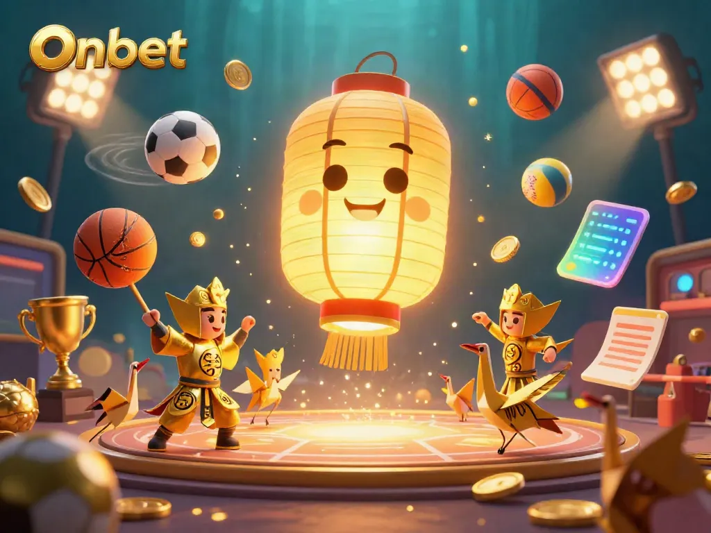 Experience the vibrant Onbet casino scene with a glowing lantern spirit and dynamic sports action.