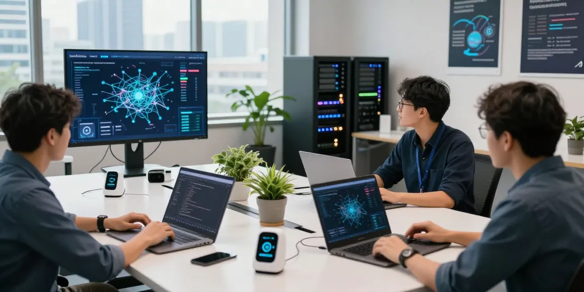 Engineers collaborating on edge computing analytics in a modern tech environment with interactive screens.