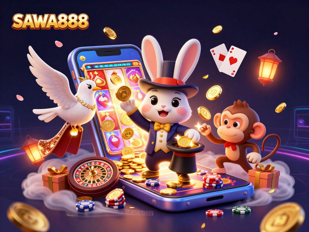 SAWA888 entertains with a magician pulling in golden coins from a hat in a vibrant casino scene.