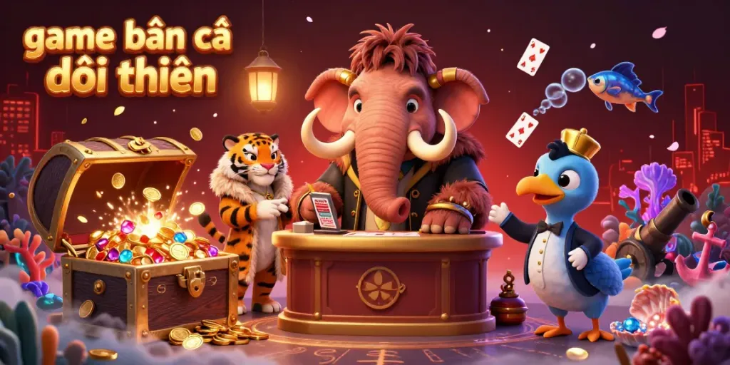 This colorful scene features characters celebrating the excitement of game bắn cá đổi thưởng, showcasing vibrant underwater treasures and engaging casino elements.