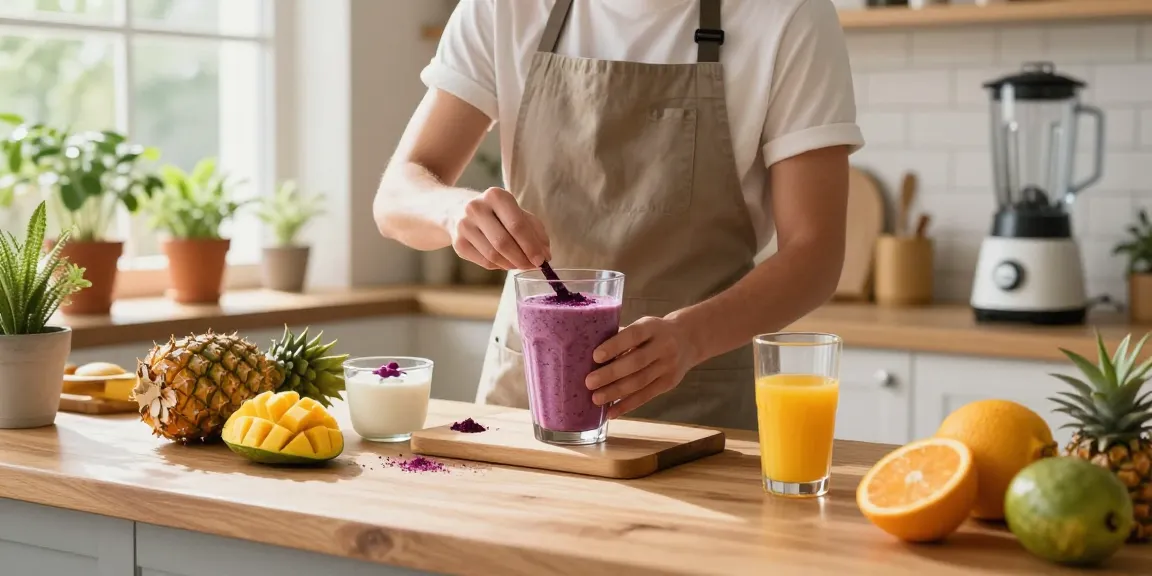 Camu camu powder featured in a vibrant smoothie preparation with fresh fruits and yogurt, showcasing a health-conscious kitchen environment.