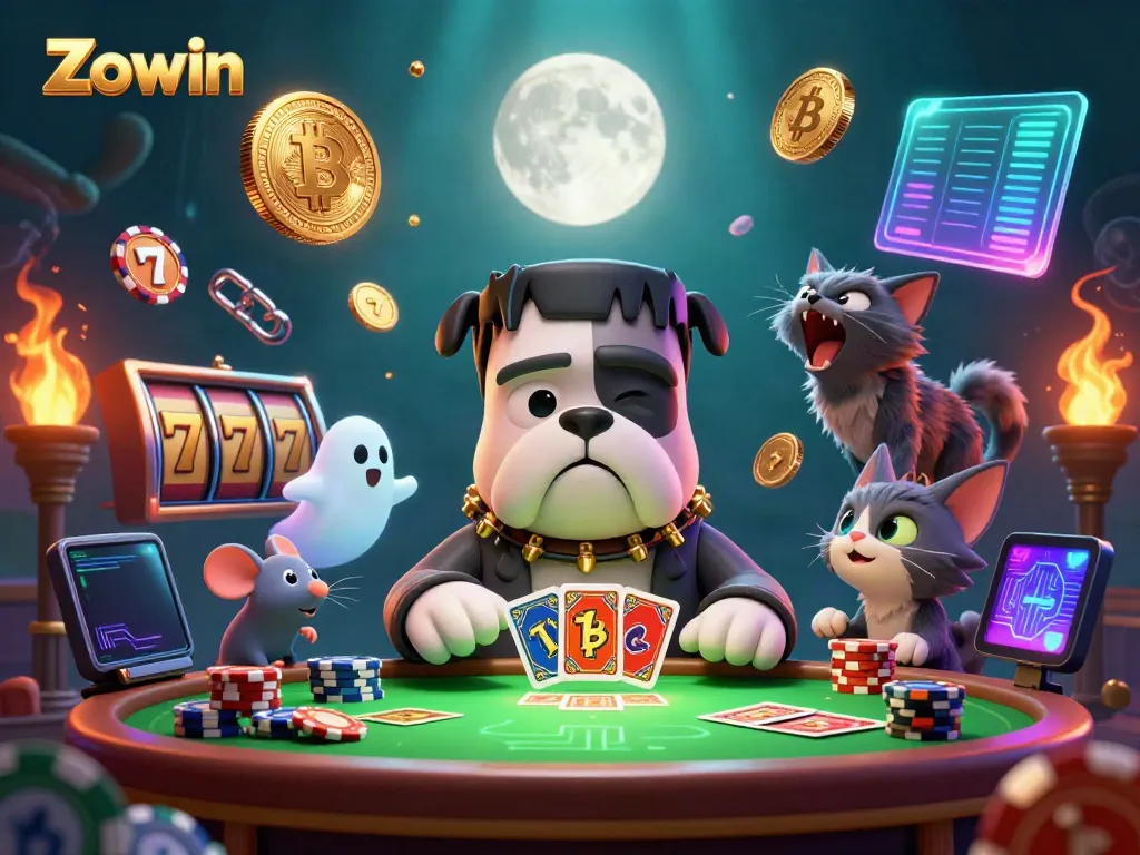 Zowin showcases a lively casino scene with a cartoon bulldog dealing cards and surrounded by dynamic gambling elements.
