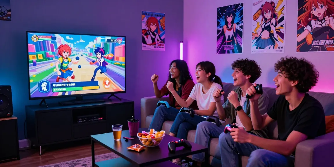Exciting group playing game ecchi on large screen, cozy gaming atmosphere.