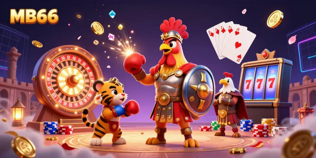 Experience the thrill of MB66 with a gladiator rooster and tiger cub in a vibrant casino arena surrounded by sparkling coins and gaming elements.