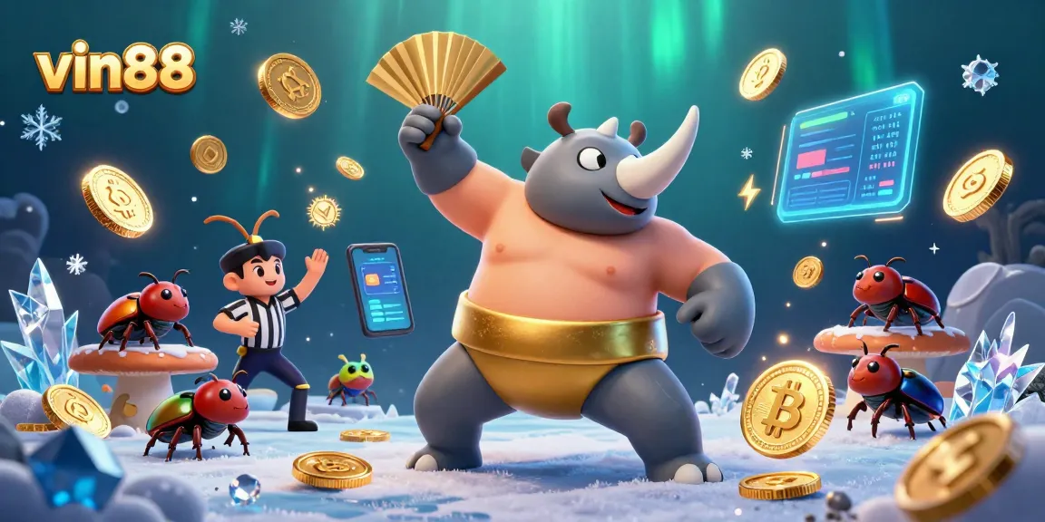 Experience vin88's thrilling crypto games with a vibrant 3D champion beetle sumo scene.