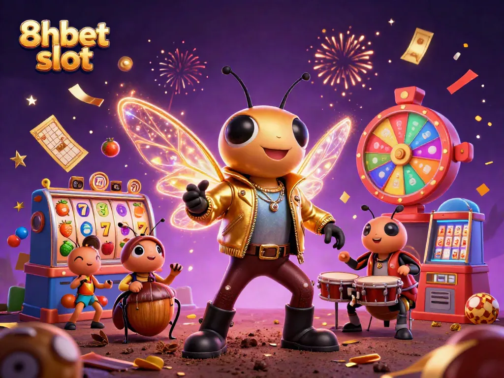 Join the fun with 8xbet slot as characters celebrate winnings amidst vibrant slots and confetti.