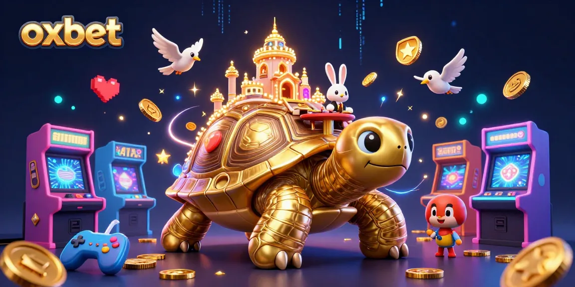 oxbet's colorful 3D tortoise casino scene with a rabbit dealer and flying coins.