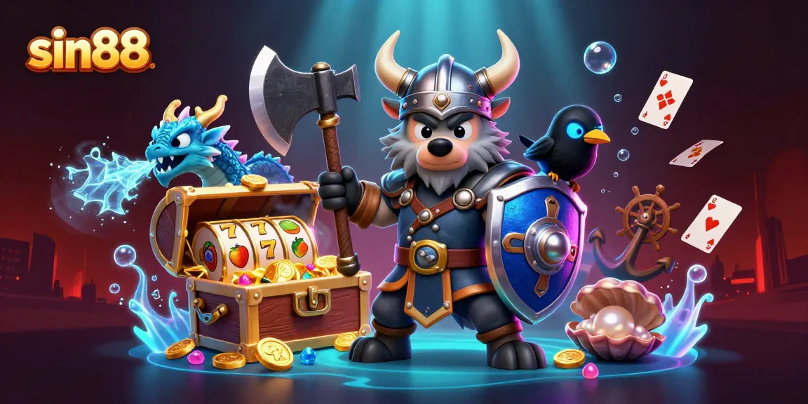 Enhance your sin88 gaming journey with a vibrant scene featuring a Viking wolf warrior, fierce dragon, and golden treasures.