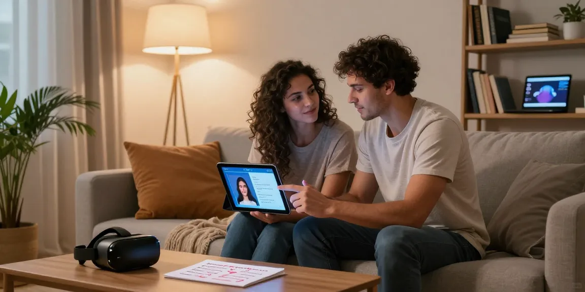 Couple exploring ai sex technology on a tablet in a cozy living room.
