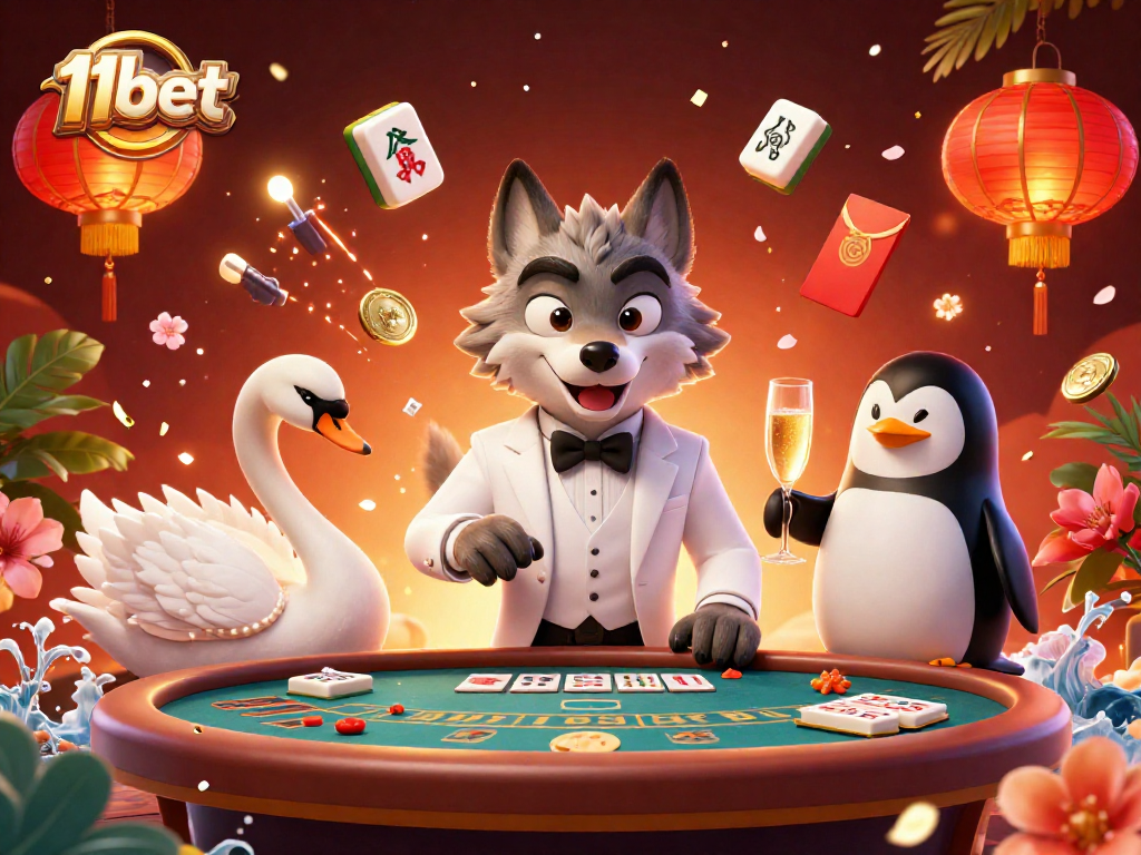 Experience thrilling gameplay at 11bett with a glamorous casino scene featuring a debonair wolf, elegant swan, and penguin sommelier.
