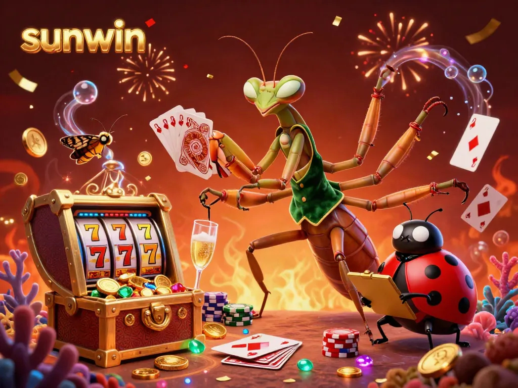 Experience excitement with sunwin as a giant praying mantis deals cards and pours champagne in a vibrant casino atmosphere.