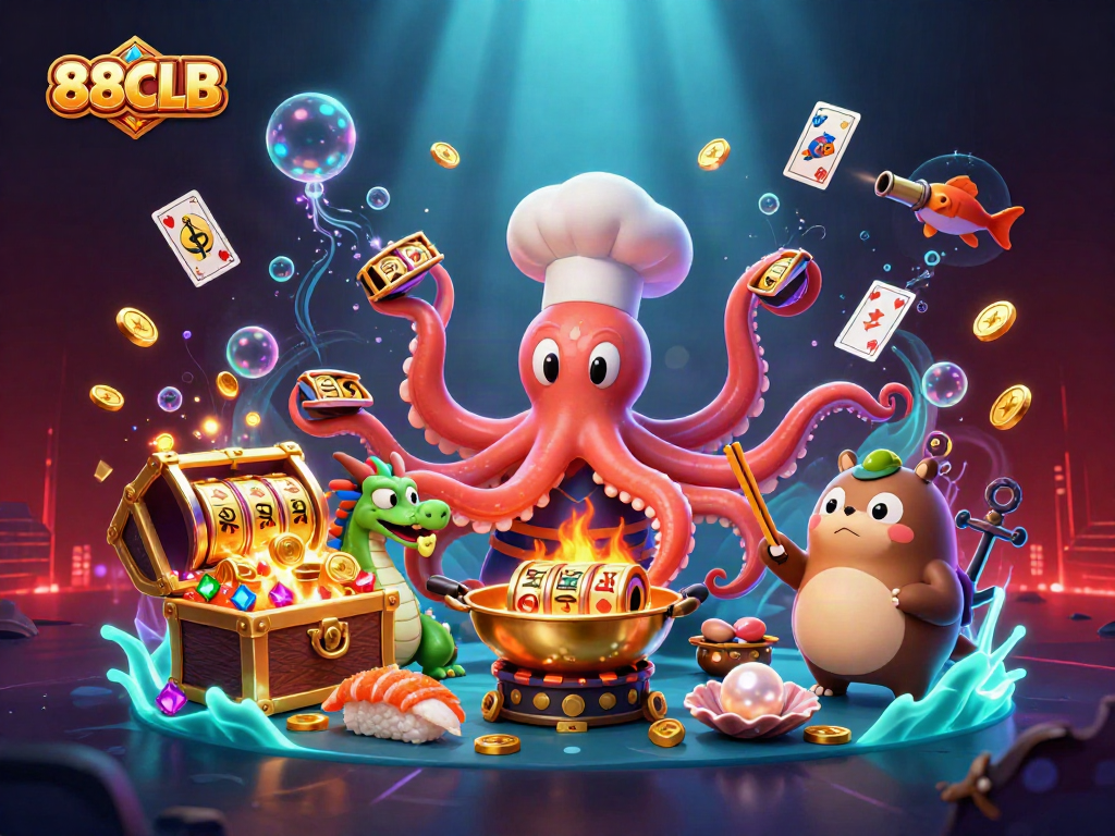 Engage in thrilling slot games with 88CLB in a vibrant, dynamic undersea casino scene.