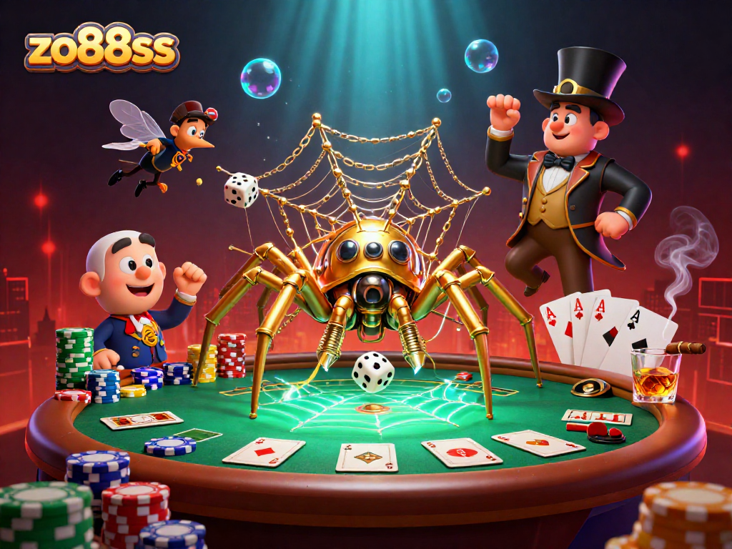 Engage in thrilling dice games at zo88sss as a steampunk spider catches luck in its golden web.