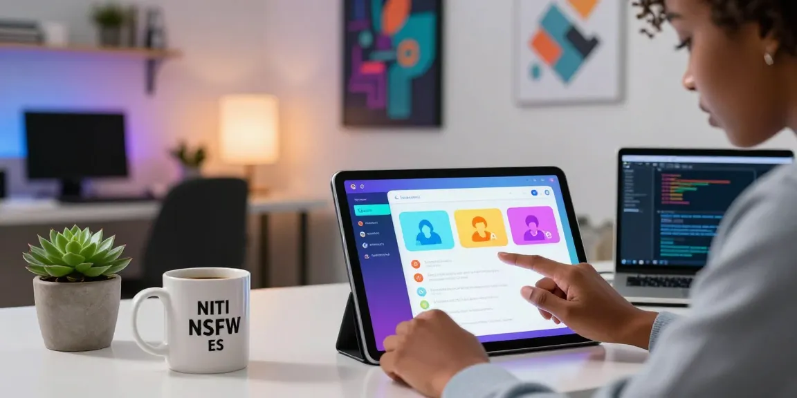 Engaging user with ai chat nsfw interface on a tablet in a modern workspace.