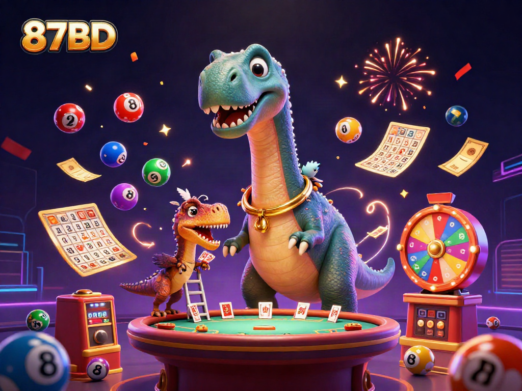 Engage with thrilling gaming at 87BD, featuring a dynamic 3D illustration of a massive dinosaur and vibrant casino elements.