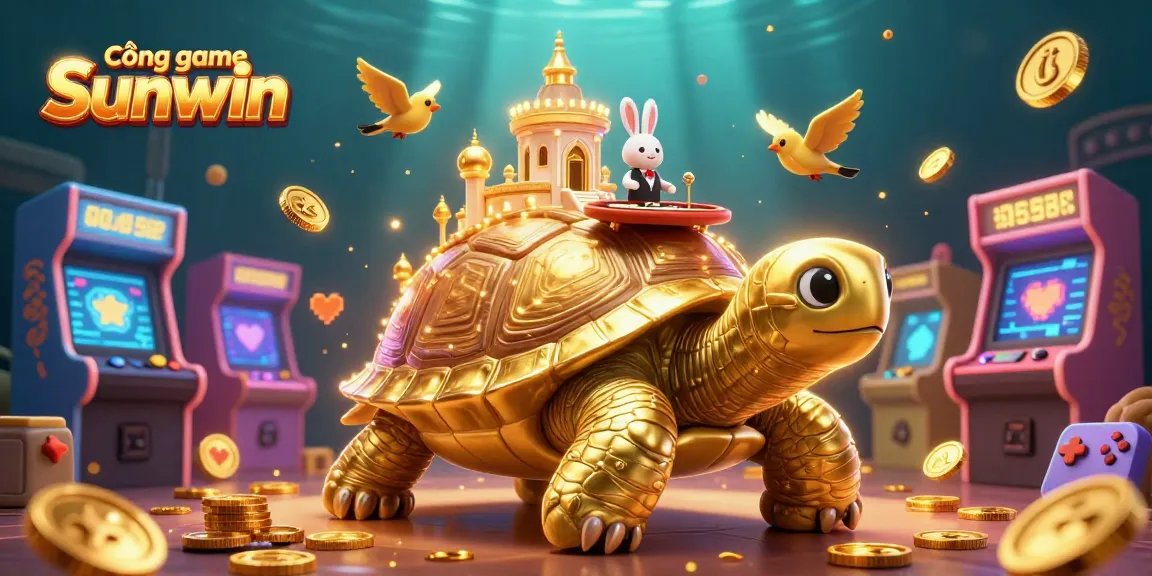 Cổng game Sunwin features a vibrant casino scene with a tortoise palace and a rabbit dealer, symbolizing fun gaming experiences.