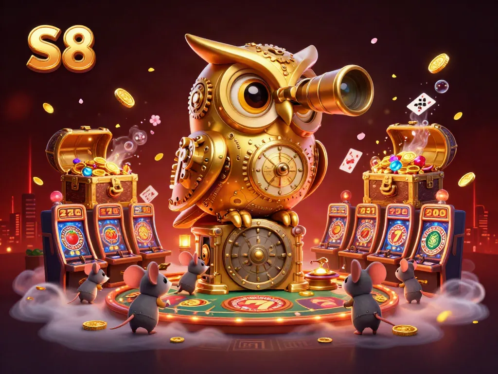 Engage with S8, the online casino, featuring a vibrant 3D scene with an owl and charming slot machines.