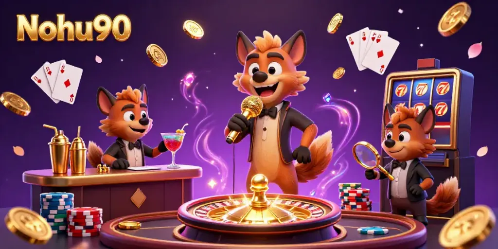 Nohu90 features a vibrant casino scene with hyenas in comedic roles, showcasing a dynamic gambling atmosphere.