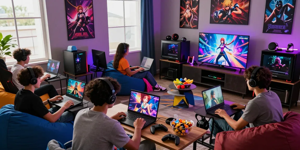 Engaging gamers enjoying sissy hentai games with vibrant gaming decor.