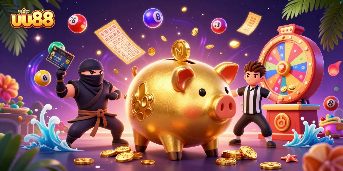 uu88 invites players to immerse in dynamic games with a golden piggy bank sumo wrestler celebrating wins.