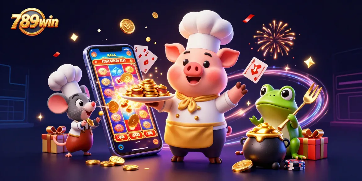 Engage with 789win as a chef pig serves gold coins in a vibrant casino-themed illustration.