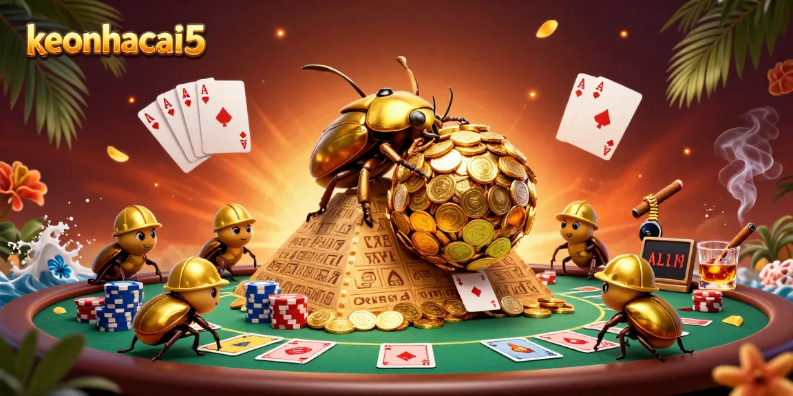 Experience dynamic betting action with keonhacai5, showcasing a lively scene of golden dung beetles in a vibrant casino setting.