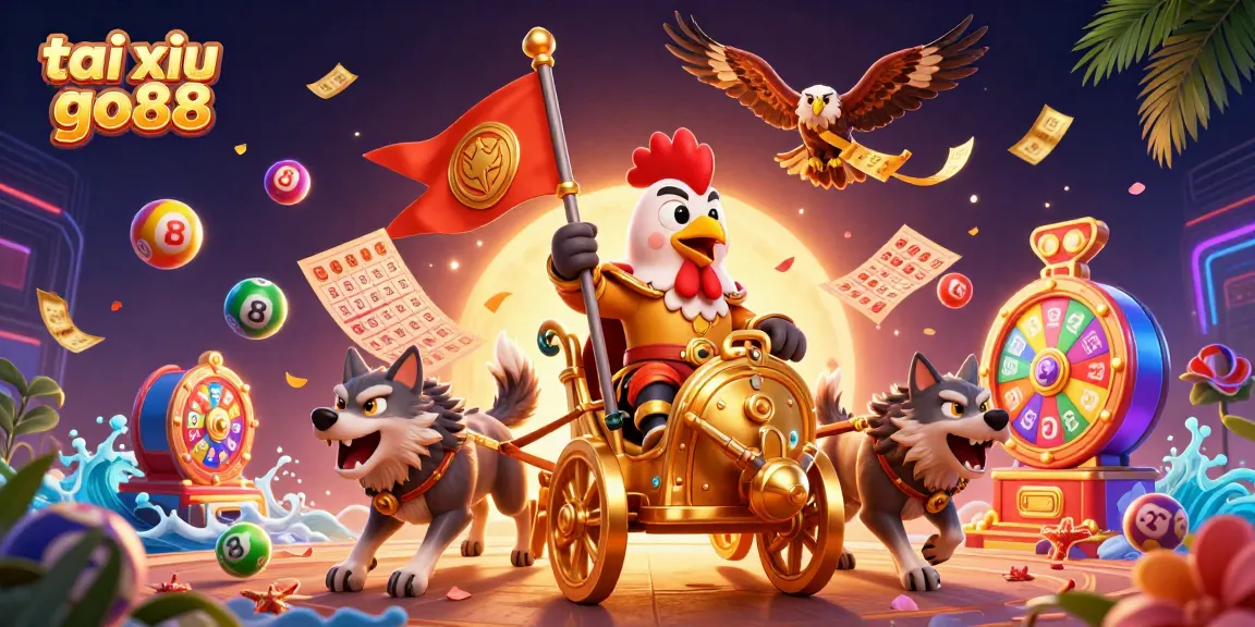 Experience thrilling excitement with tai xiu go88 as colorful lottery elements dynamically pop around a cartoon rooster champion.