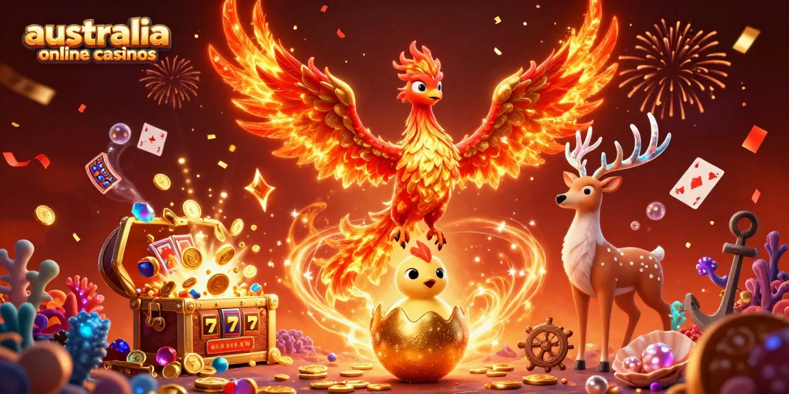 Exciting 3D illustration depicting vibrant scenes of australia online casinos with dynamic slot game elements.