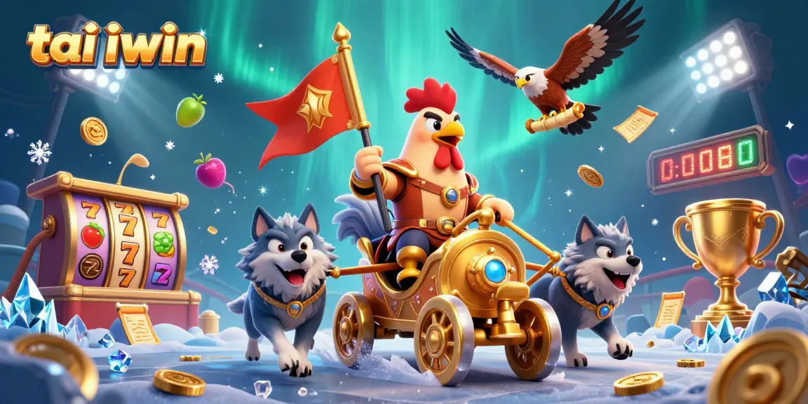Experience the excitement of tai iwin with a dynamic 3D casino adventure illustration featuring a rooster warlord!