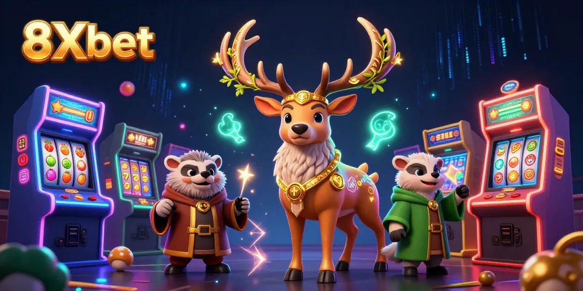 Engage with 8Xbet's dynamic gaming world featuring vibrant characters, slots, and arcade elements.