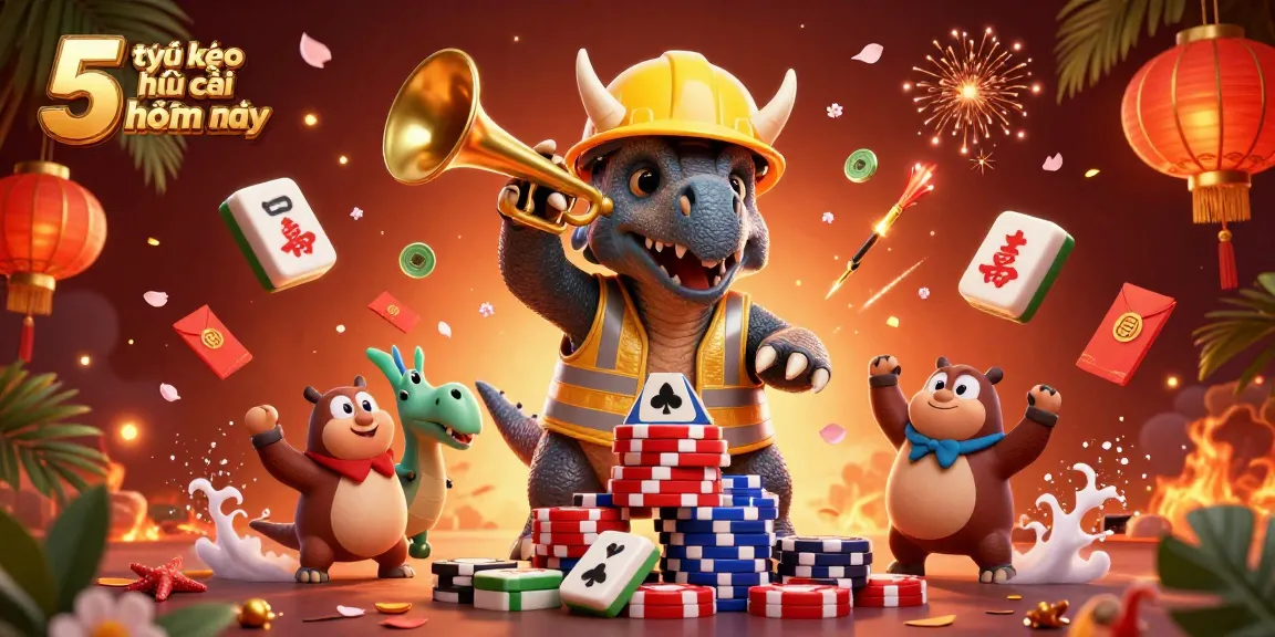 Bet on tỷ lệ kèo nhà cái 5 hôm nay with vibrant characters and casino elements in a festive scene.