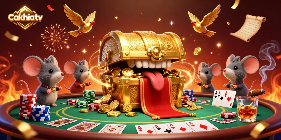 Cakhiatv showcases a vibrant 3D casino scene with engaging treasure animations and poker elements.