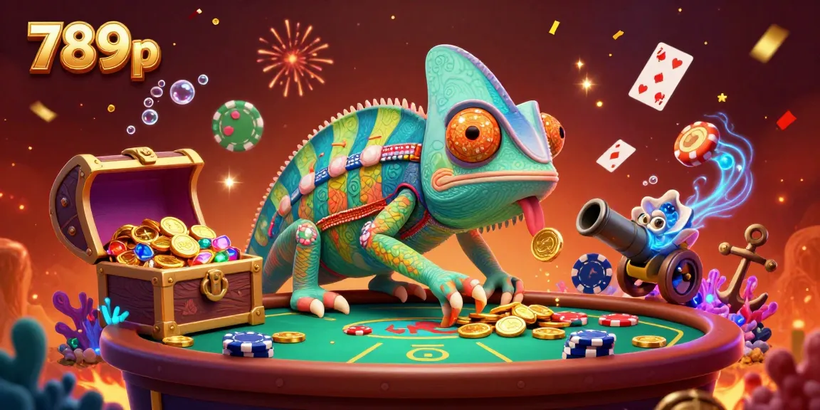 Win big with 789p at an exciting casino scene featuring a colorful chameleon owner.
