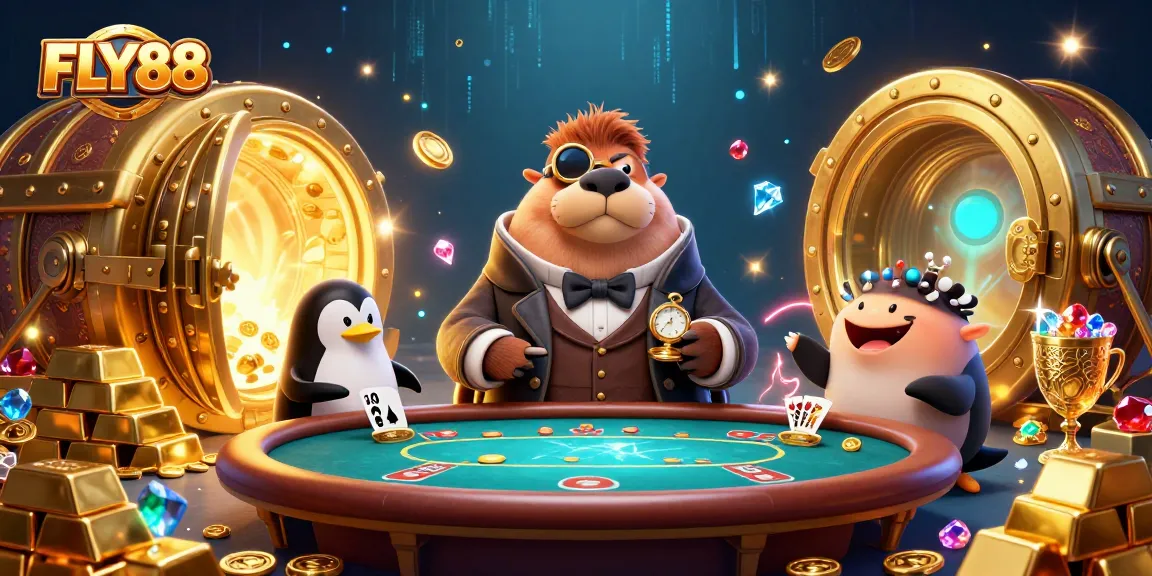 FLY88 engages with a jolly walrus at an underwater poker table amidst dazzling gems and gold.