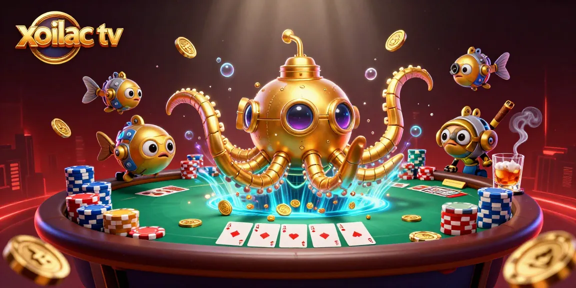 Experience the excitement of xoilac tv with a vibrant underwater casino scene featuring a golden kraken and poker elements.