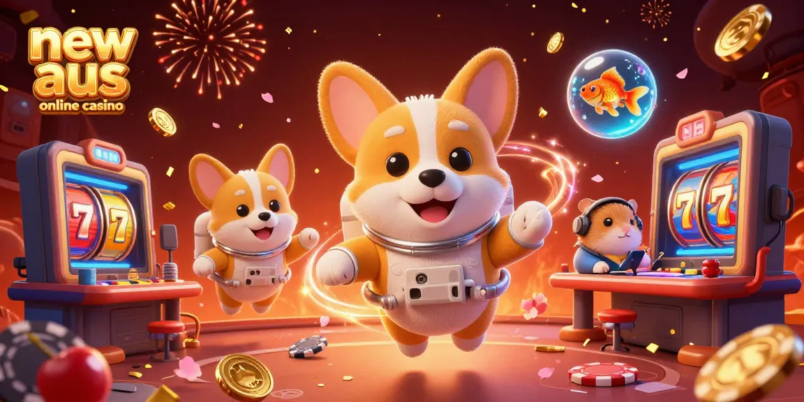 Experience thrilling action at a new aus online casino with an astronaut corgi and vibrant casino elements.